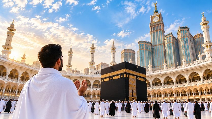 A pilgrim making dua before the Kaaba